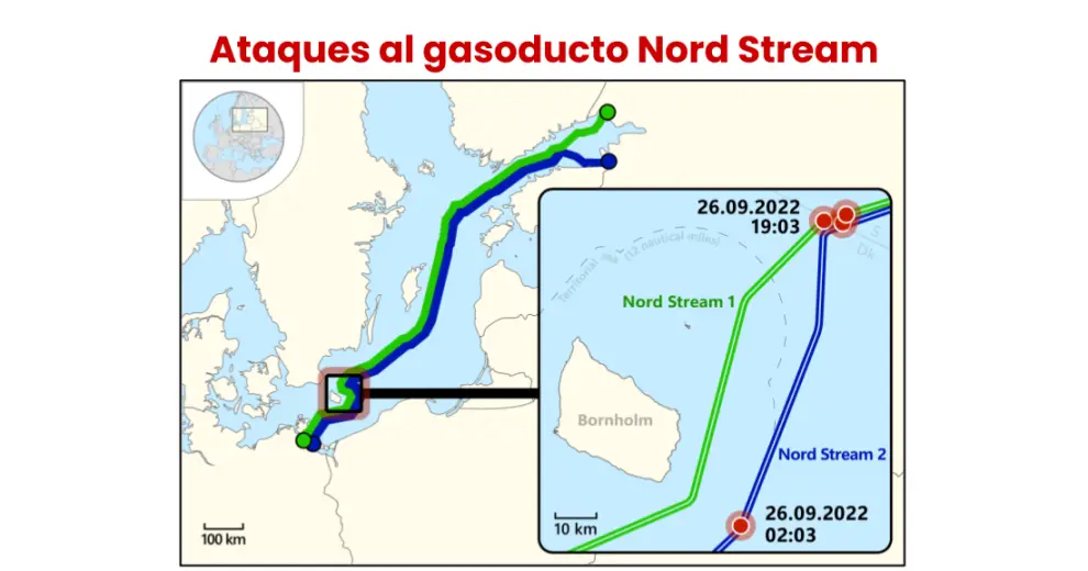 Mapa de los sabotajes a los gasoductos Nord Stream 1 y Nord Stream 2, que llevan gas de Rusia al resto de Europa. Las investigaciones siguen en curso.