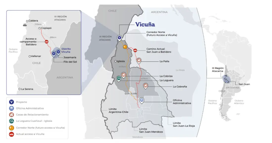 El proyecto se emplaza en el distrito Vicuña, en la provincia de San Juan, a altitudes superiores a los 4.230 metros sobre el nivel del mar.