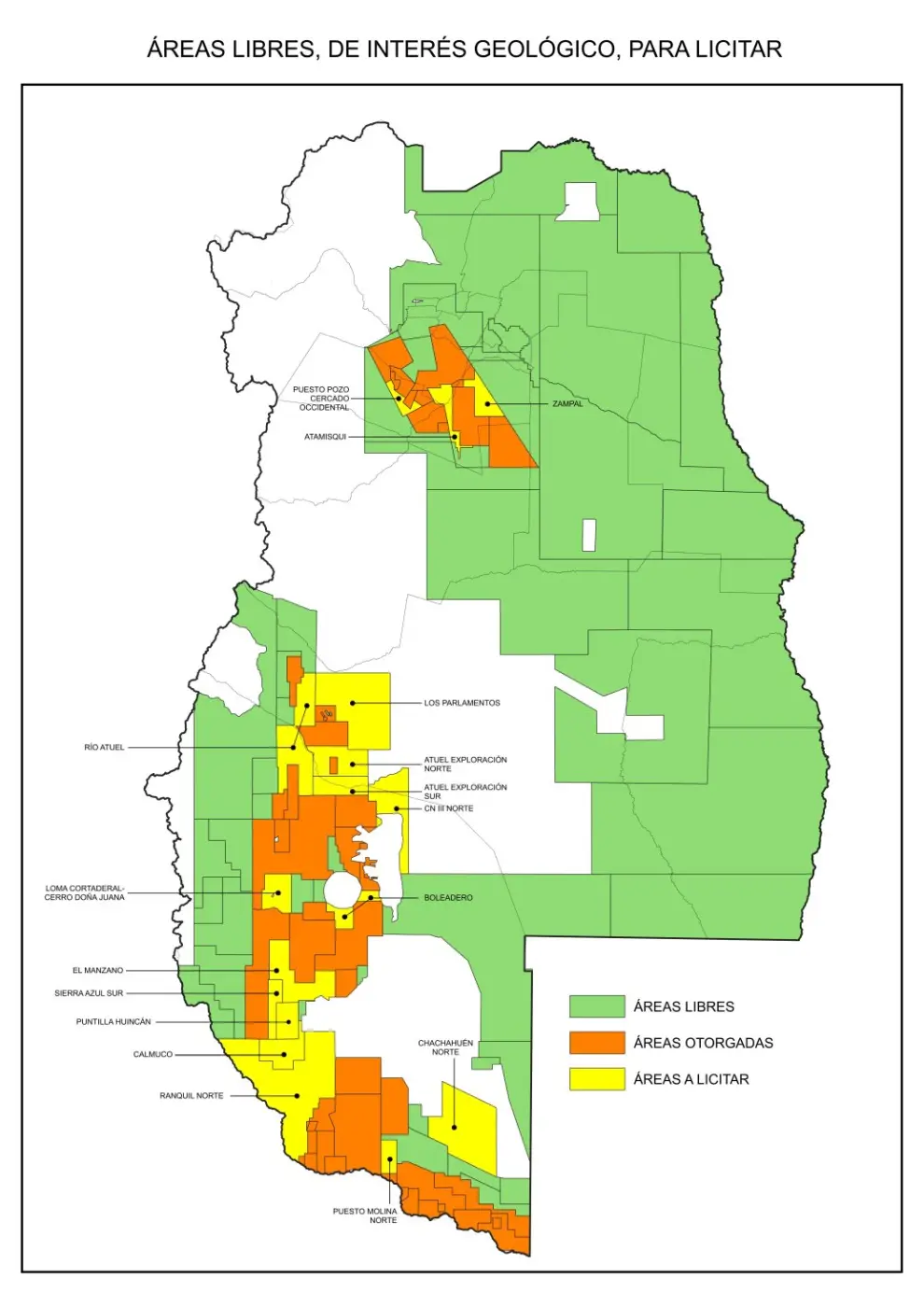 Mapa de las áreas de interés geológico de la Provincia de Mendoza, para licitar.