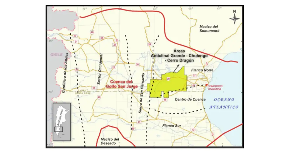 El bloque Cerro Dragón (en verde) es el que hoy todos están viendo en la cuenca del Golfo San Jorge.
