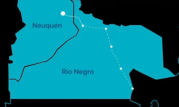 Mapa del oleoducto Vaca Muerta Oil Sur (VMOS), que recorre más de 400 km conectando la cuenca neuquina con el Golfo San Matías.