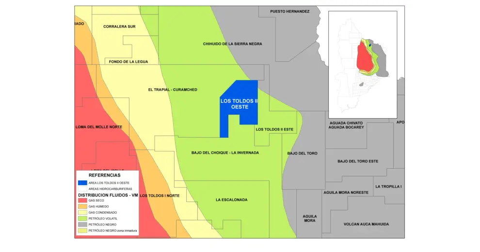El bloque Los Toldos II Oeste se encuentra en la parte norte de la cuenca neuquina, cerca de la localidad de Rincón de los Sauces.