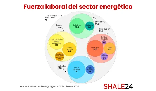 Composición del empleo en el sector energético global, por sub-sector: en total la industria empleó a alrededor de 76 millones de personas en 2024. 
