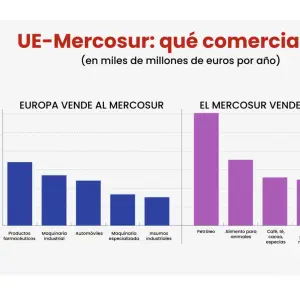 EU-Mercosur: What would be traded each year in billions of euros — Oil is Mercosur’s top export to Europe, with metal mining products also in the top