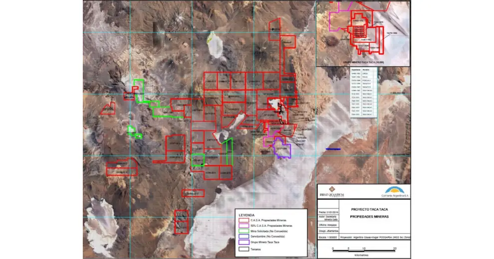 Mapa de las propiedades mineras en el entorno del proyecto Taca Taca.