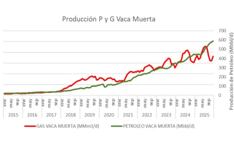  Vaca Muerta oil and gas production over time.