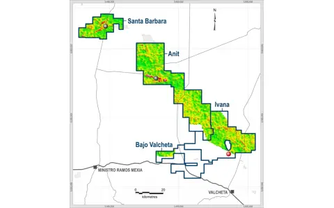 Mapa del Distrito Amarillo Grande, en la Provincia de Río Negro, donde se ubican los principales yacimientos de uranio-vanadio.