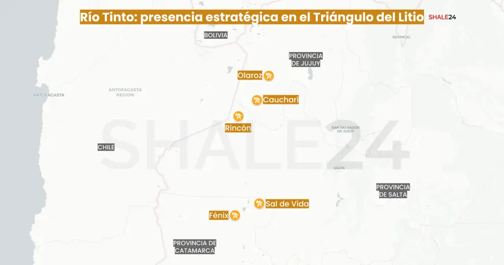 Rio Tinto tiene 5 proyectos de litio en Argentina: 2 en la provincia de Jujuy, 2 en Catamarca y Rincón, en Salta.