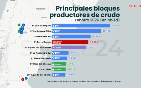 8 de los 10 principales bloques productores de crudo en Argentina están en Vaca Muerta, pero la cuenca del Golfo San Jorge sigue dando resultados