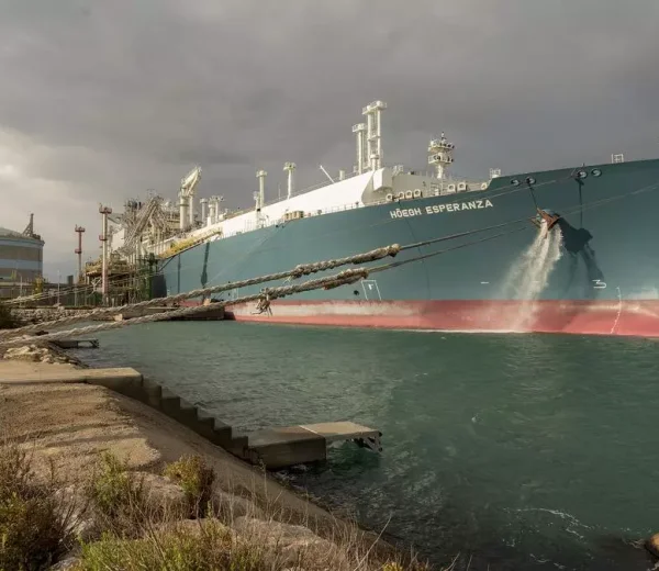 The FSRU Höegh Esperanza in Wilhelmshaven injects up to 5 billion m³ annually into Germany's gas system: approximately 6% of total demand.