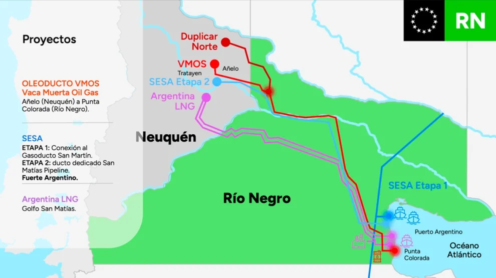 Los tres proyectos de exportación de Vaca Muerta que confluyen en el Golfo San Matías: VMOS (petróleo), SESA (GNL) y Argentina LNG (GNL y líquidos).