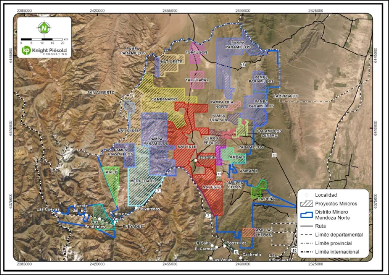 Mapa del Distrito Minero Mendoza Norte, que abarca unos 5.500 km² en el norte de la provincia
