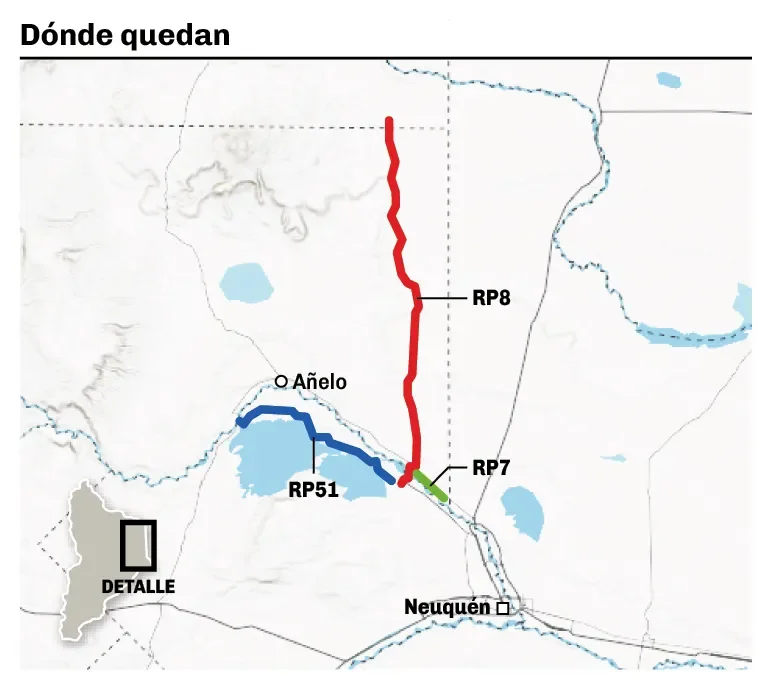 Mapa con el trazado de las rutas provinciales 7, 8 y 51, que serán pavimentadas o repavimentadas en el corredor petrolero de Vaca Muerta, en Neuquén