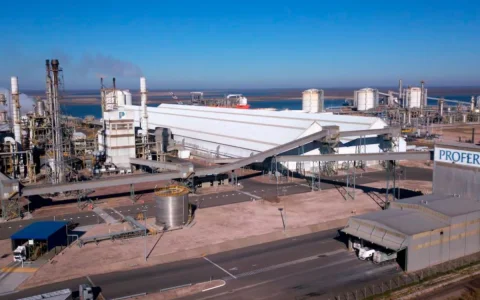 La planta de urea y amoníaco de Profertil, con su muelle sobre el estuario de Bahía Blanca