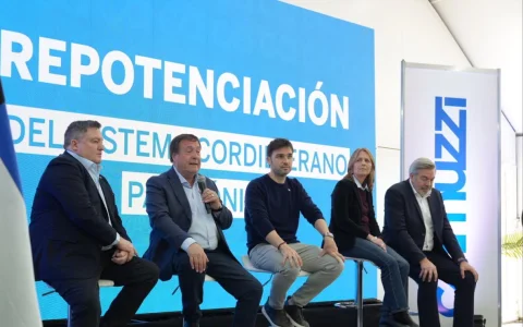 Los gobernadores Ignacio Torres y Alberto Weretilneck junto a la secretaria de Energía, María Tettamanti, y directivos de Camuzzi en la inauguración